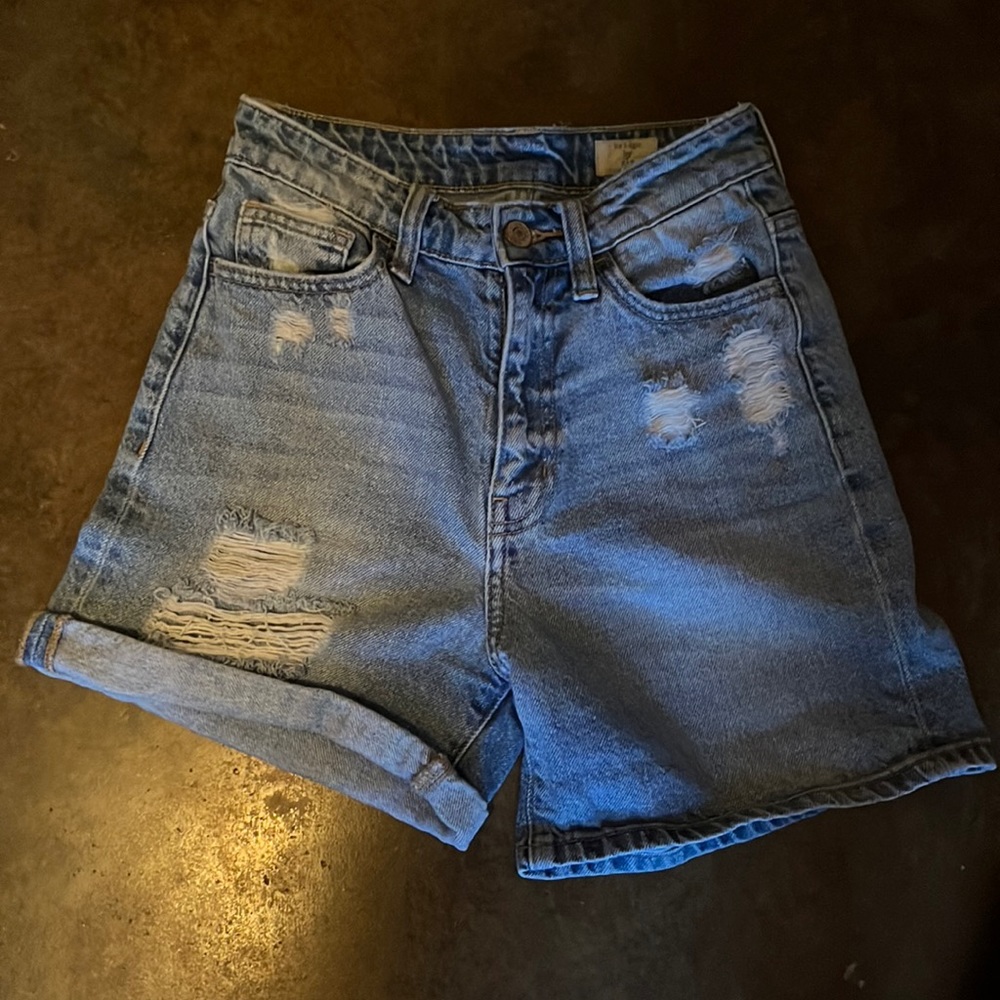 High Waist Light Blue Distressed Denim Shorts